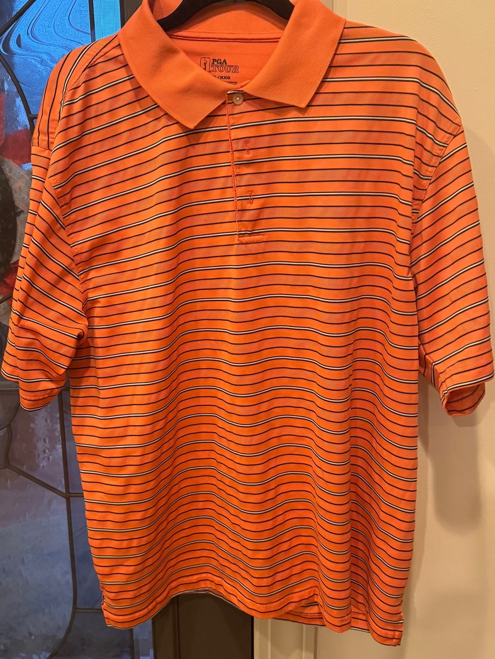 PGA Tour Orange Polo with Thin Navy Stripes